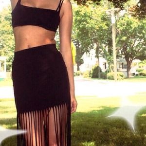 Black Fringe Maxi Skirt