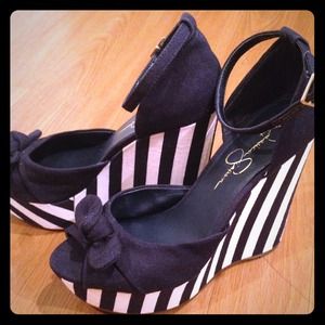 Blue and white stripped canvas wedges.