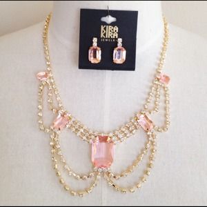 Light Pink/ Coral Gems & Rhinestones Necklace