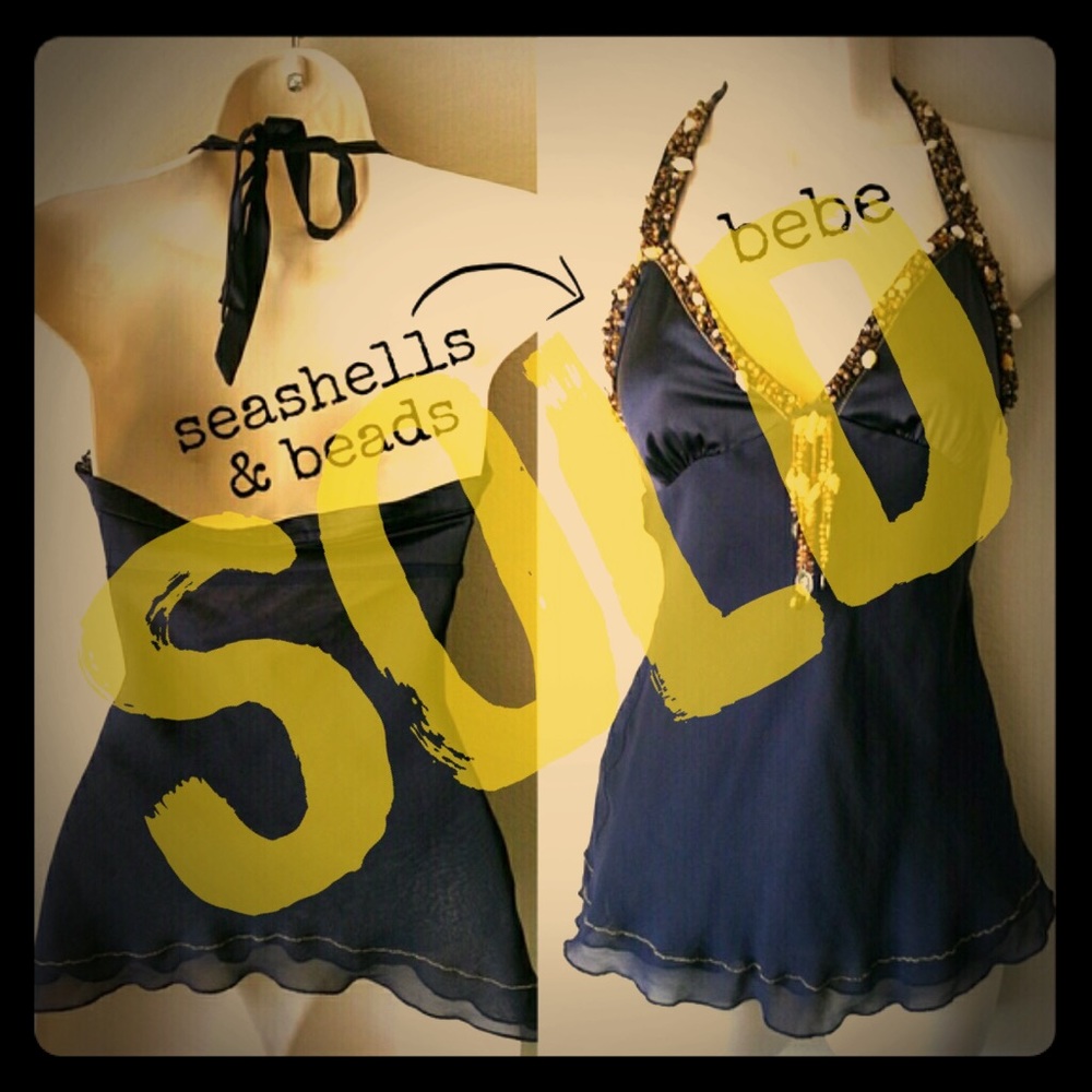 Bebe Navy Blue Silk Seashell Beaded Halter Blouse