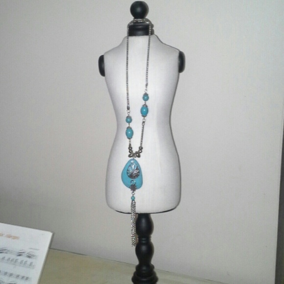 Long sliver and turquoise necklace