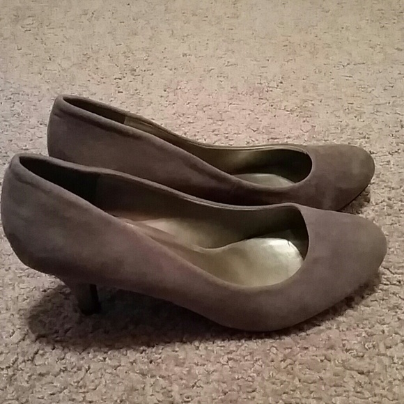 Grey suede heels.