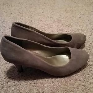 Grey suede heels.