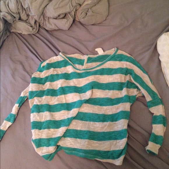 teal and creme striped knit light sweater