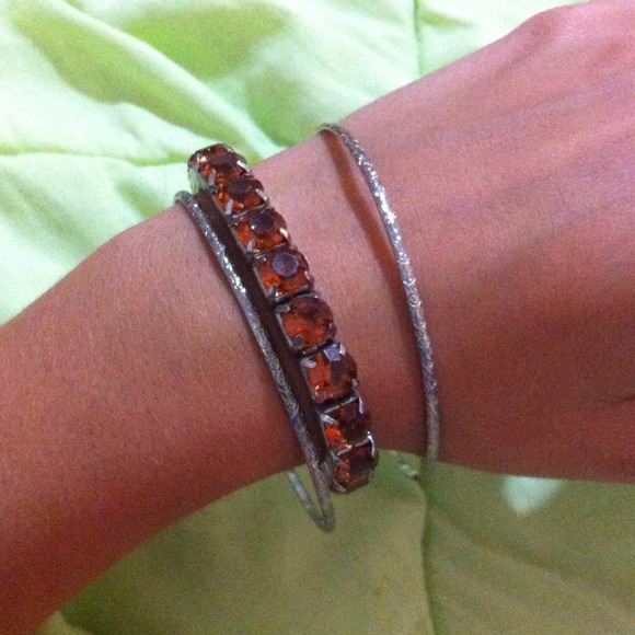 Brown gem bracelet paired w silver bangles - Picture 1 of 2