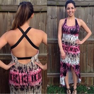 Tie dye dress with open back.