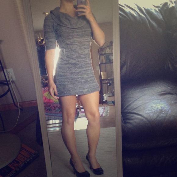 Light and dark gray toned knit sweater dress.