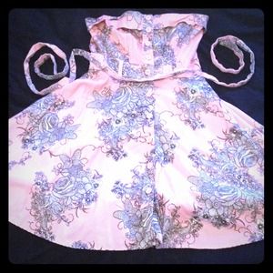 🎀Pastel Pink and Black Floral Strapless Dress🎀