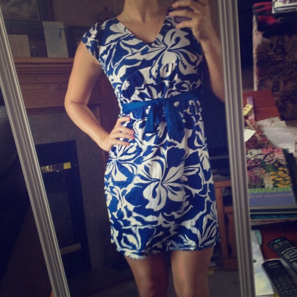 White and blue flowered dress.