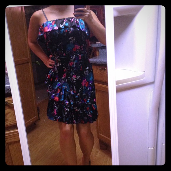 Black dress with colorful floral print