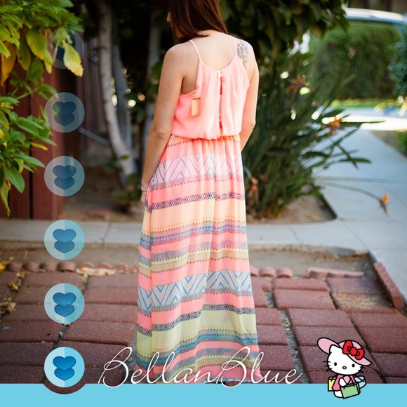 The LAURA chevron Maxi dress- NEON CORAL - Picture 2 of 4