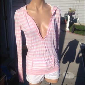 American Eagle Pink and White Striped Hoodie Tee M