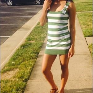 cute green and white striped dress .
