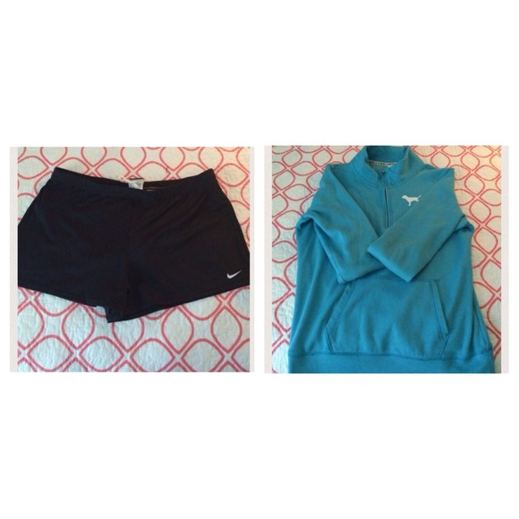 BUNDLE VS Blue pullover with Black Nike shorts.