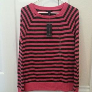 Long Sleeved Pink and Charcoal Striped Sweater