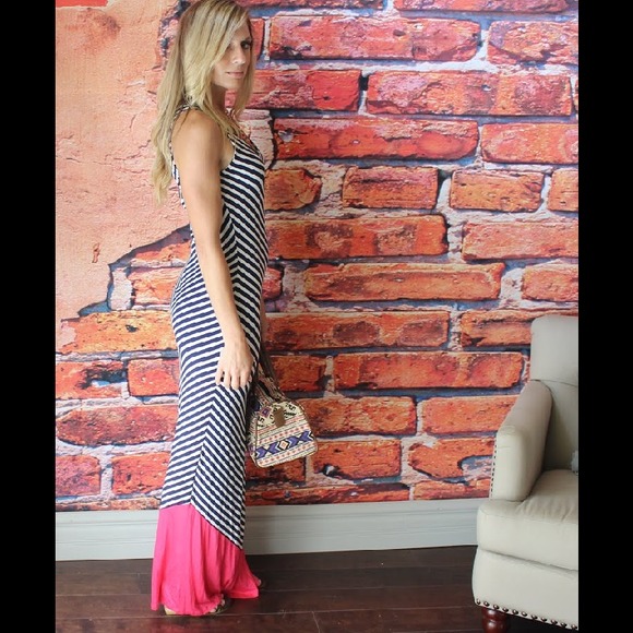 Navy and white striped colorblock maxi dress - Picture 2 of 3