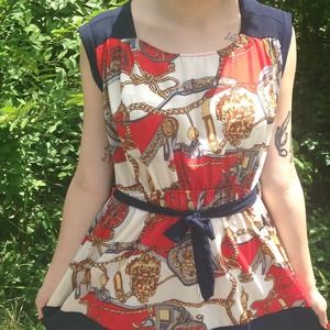 Carriage print dress with chiffon shoulder and hem