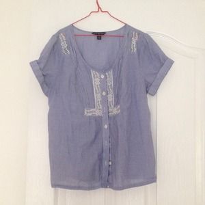 Blue and White Striped Blouse with Lace