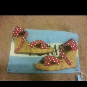 PRICE DROP!!!! Red polka dot TOMS wedge heels.