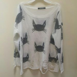 Cat Pattern Distressed Sweater