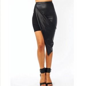 Black faux leather drape skirt