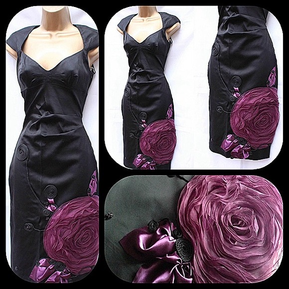 Karen Millen 3-D black satin and deep purple dress - Picture 2 of 4