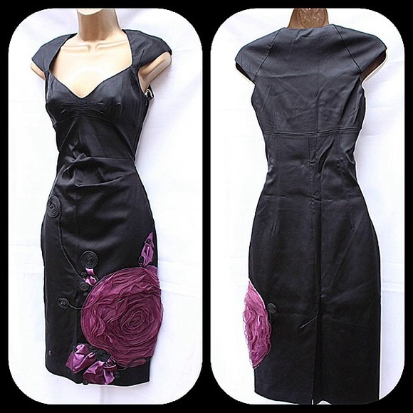 Karen Millen 3-D black satin and deep purple dress - Picture 3 of 4