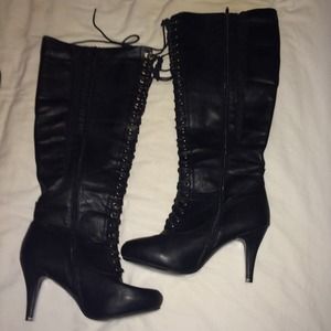 Wide calf knee high combat boots with 3 1/2" heel