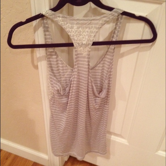 White and Grey Stripped Lace Detail Tank - Picture 4 of 4