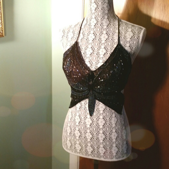 Cache beaded butterfly halter top