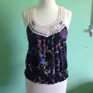Printed halter with crochet detail.