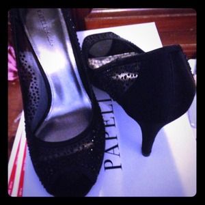 Black peep toe embellished black heels