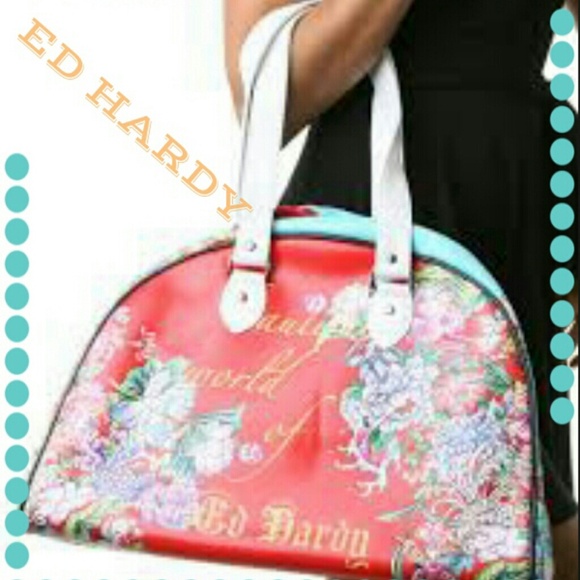 Vtg Ed Hardy Multicolored Printed Large Double Handle Bowling Bag L.17"xH13"xW7"