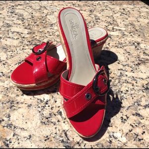 SBICCA RED PATENT & CORK WEDGES