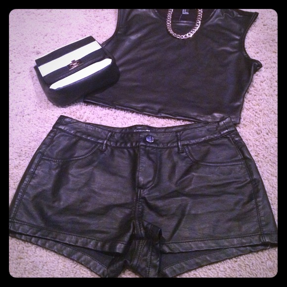 Black faux leather shorts