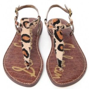 Sam Edelman T-Strap Leopard Calf Hair Sandals