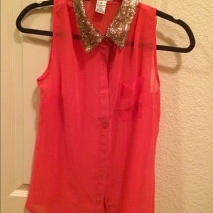 cute sleeveless pink/coral button top with sequins