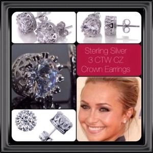 2 Pairs 3 CTW CZ Sterling Silver Crown Earrings