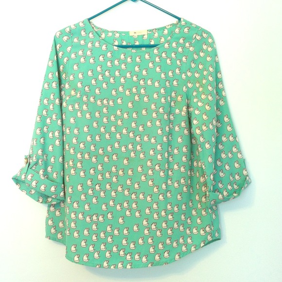 Mint Cat Shirt with Pearl Buttons