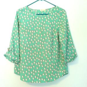 Mint Cat Shirt with Pearl Buttons