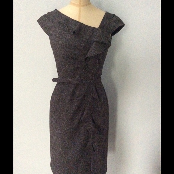 WHITE HOUSE BLACK MARKET TWEED GREY RUFFLED DRESS