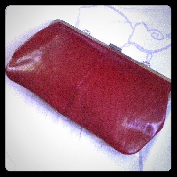 Red genuine leather kiss lock clutch