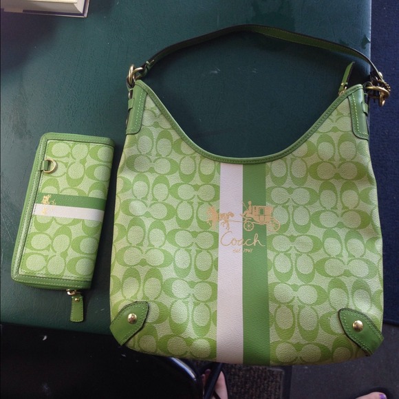 Authentic green Coach handbag with matching wallet