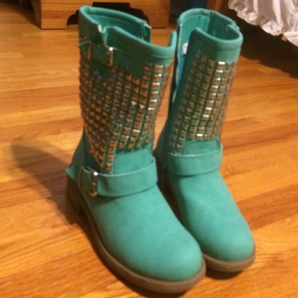 Turquoise studded combat boots