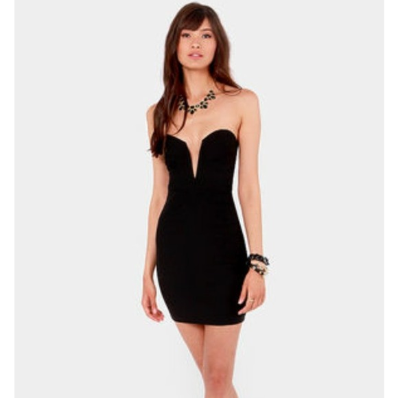 Deep V strapless party sexy black dress M S