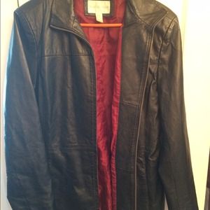 Women's black leather jacket w/red lining