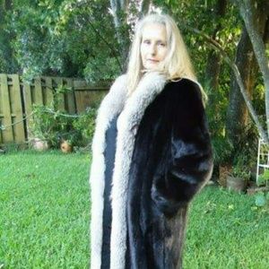 Full length black mink coat with silver fox trim