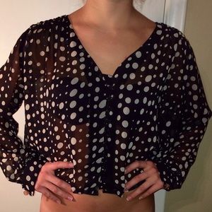 Navy blue and white polkadot sheer top