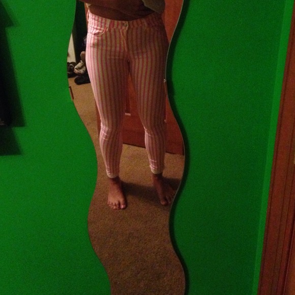 Neon pink and white striped pants