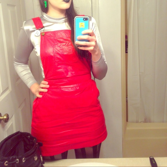 Red Pleather Overall Dress
